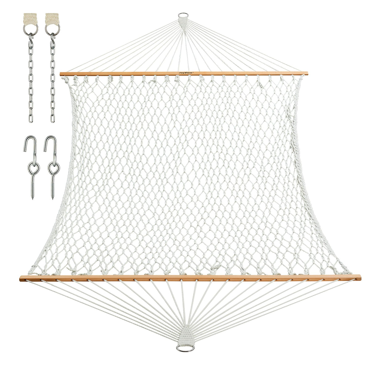 JoyView Traditional Rope Double Hammock - Hand Woven Cotton Hammock with Hardwood Spreader Bar and Pillow 450lb Capacity for Outdoor Indoor Patio Yard - Natural