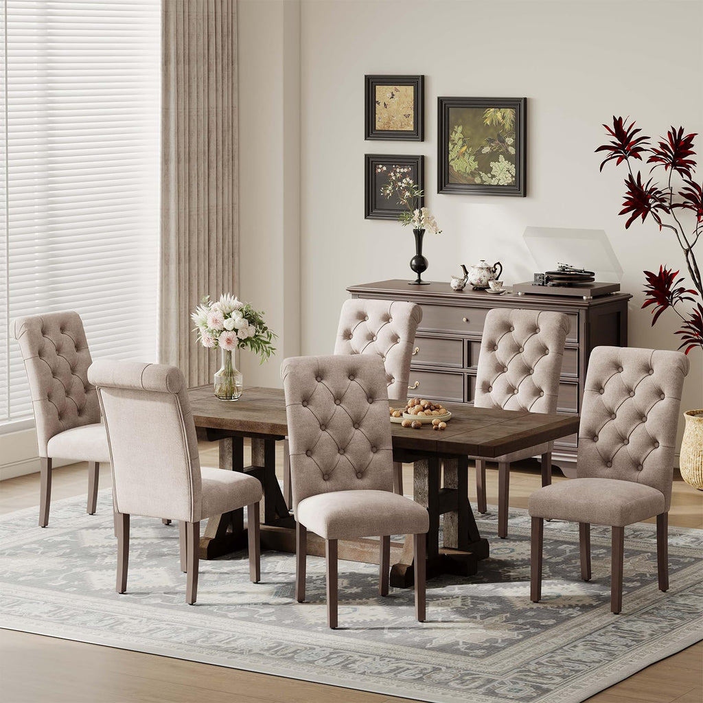 MALOL Upholstered Tufted Dining Room Chairs Set of 4, Parsons Kitchen Chairs with Padded Seat and Solid Wood Legs, Fabric Accent Side Diner Chair for Dining Room/Kitchen/Living Room, Beige