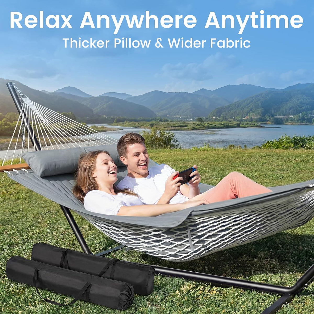 ANAGOO Hammock with Stand,Cotton Rope Hammock with Polyester, Gray