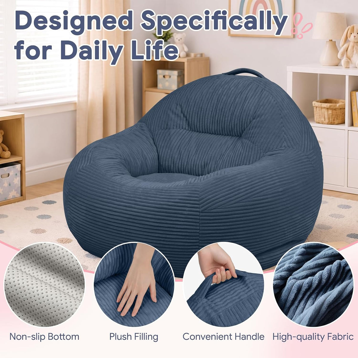 31.5"x31.5"x24" Kids Bean Bag Chair for Kids & Teens,Dark Blue