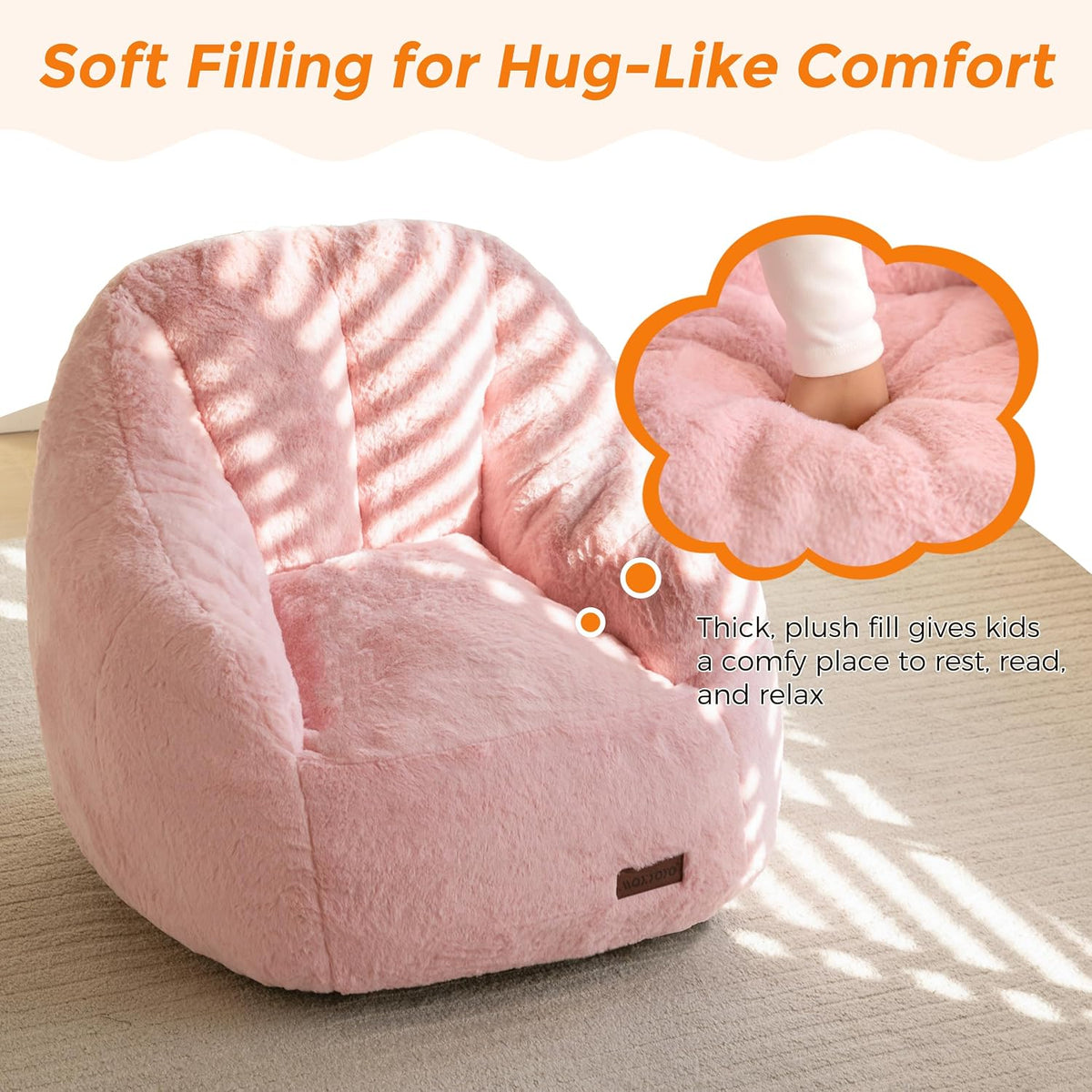 MAXYOYO Kids Bean Bag Chair, Comfy Bean Bag Sofa with Back Support, Faux Fur Cute Chair for Boys and Girls, Stuffed Floor Sofa for Nursery, Bedroom, Pink