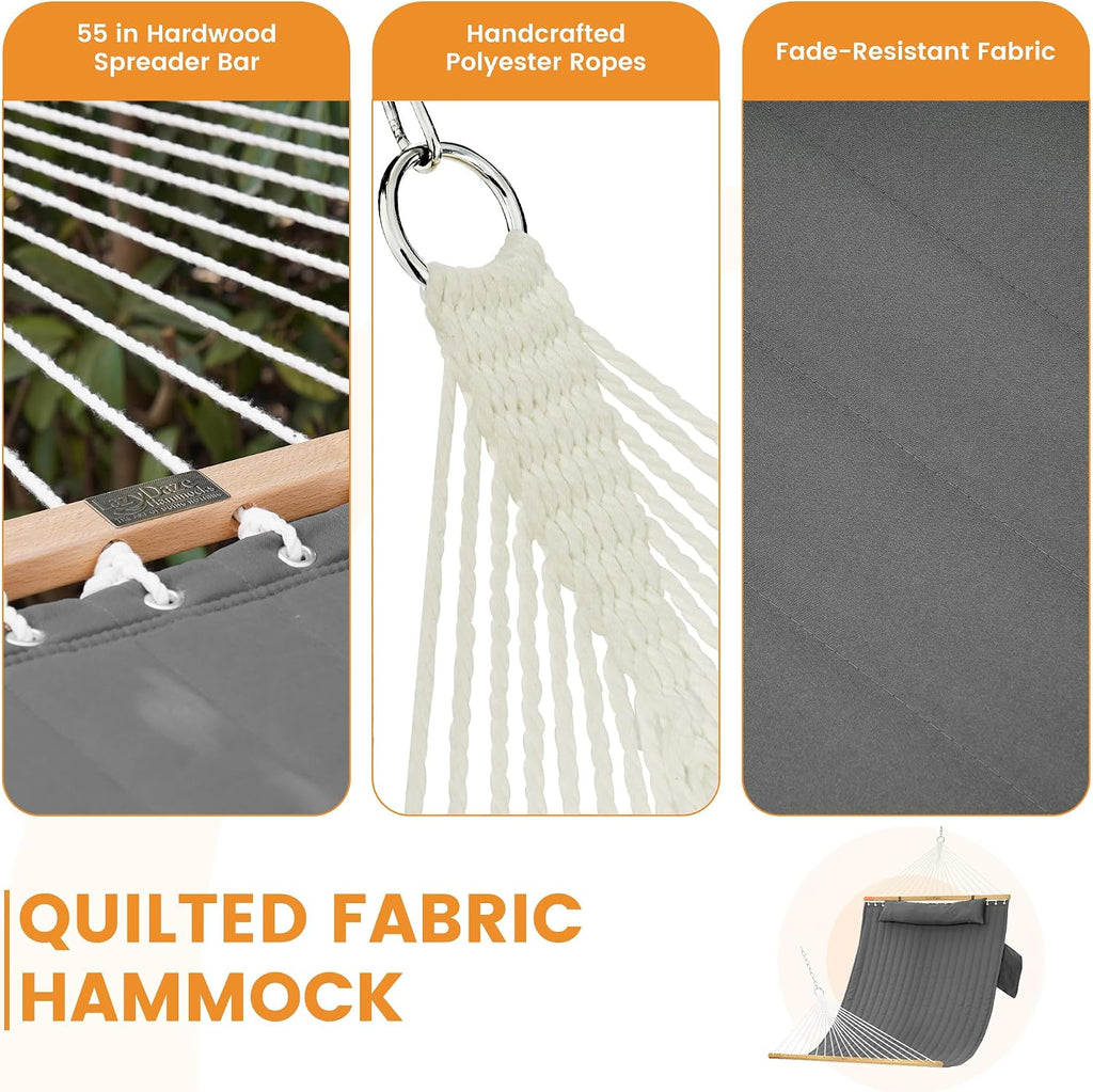 Lazy Daze Double Hammock with Pillow & Tree Straps for Outside, Grey