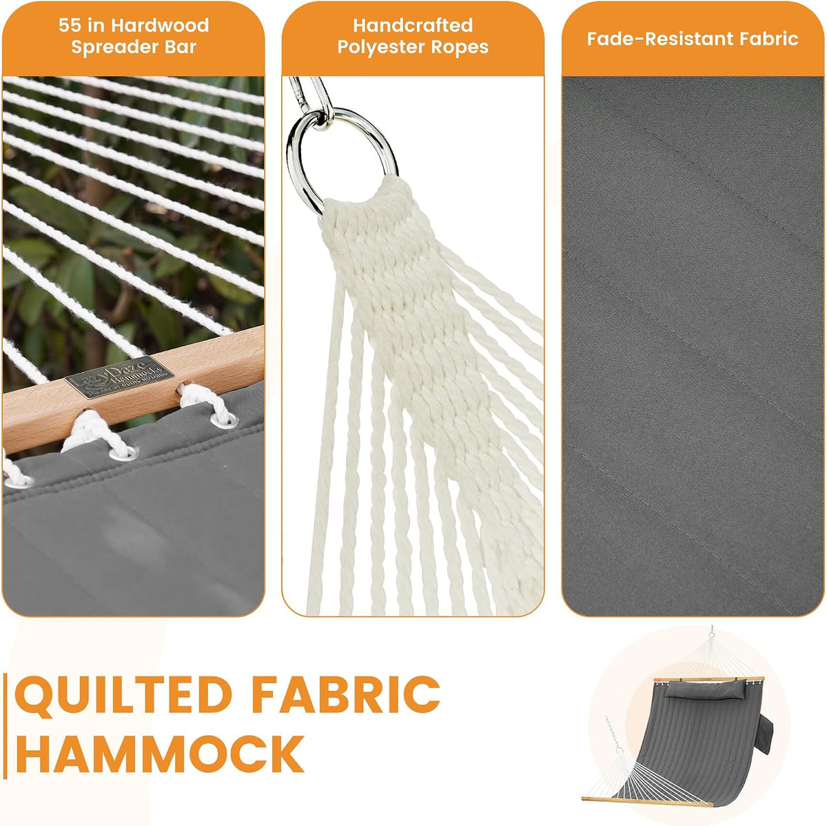 Lazy Daze Double Hammock with Pillow & Tree Straps for Outside, Grey