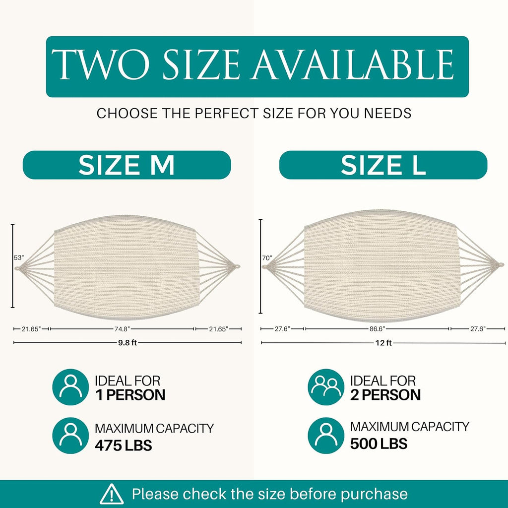 Hammock for 1-2 Person, 475 lbs Capacity – Handwoven Mexican Hammock, 100% Soft Cotton – 9.8 ft Mayan Hammock for Patio, Backyard, Indoor & Camping – Medium, Beige