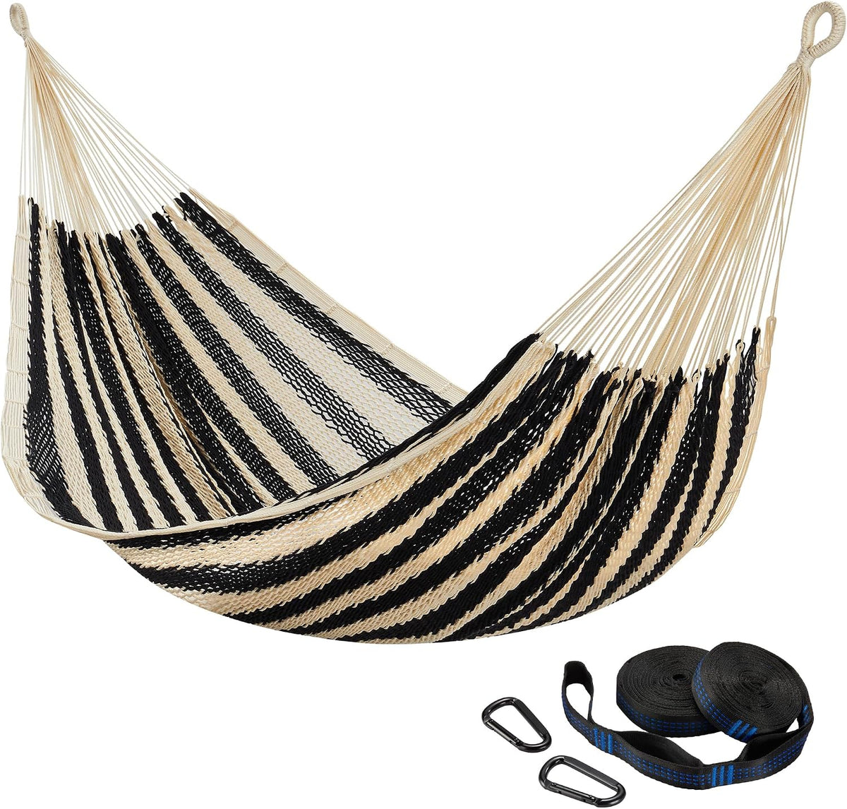 CHULIM Handwoven Mayan Hammock with 10ft Tree Straps, 550lbs Capacity Soft Rope Double Hammock, Portable Outdoor Hammock with Carry Bag for Camping Backyard Beach - Black White Stripe