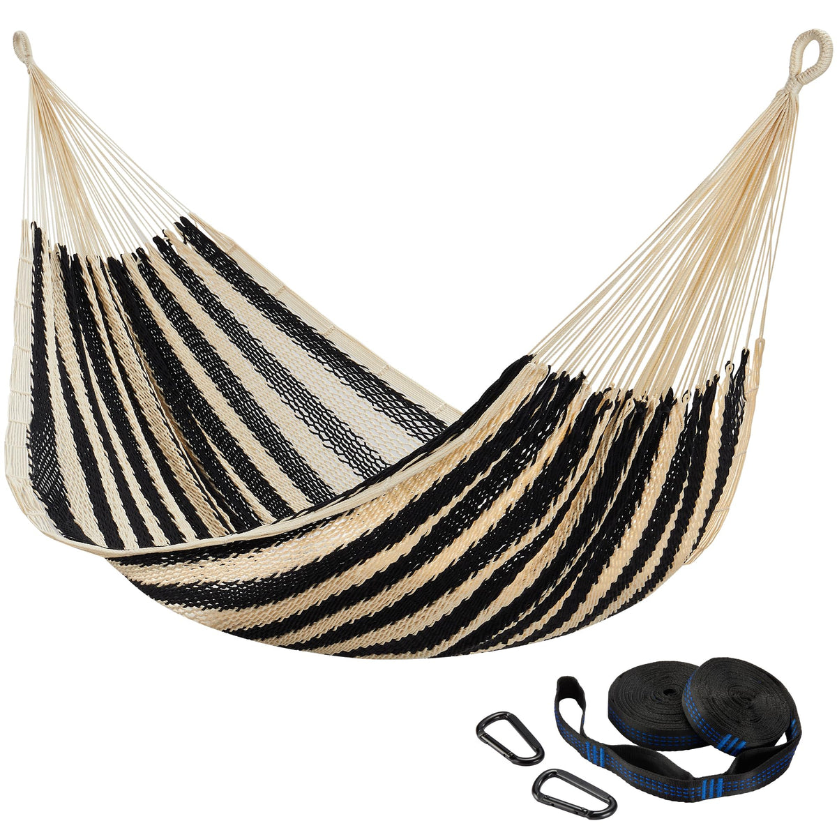CHULIM Handwoven Mayan Hammock with 10ft Tree Straps, 550lbs Capacity Soft Rope Double Hammock, Portable Outdoor Hammock with Carry Bag for Camping Backyard Beach - Black White Stripe