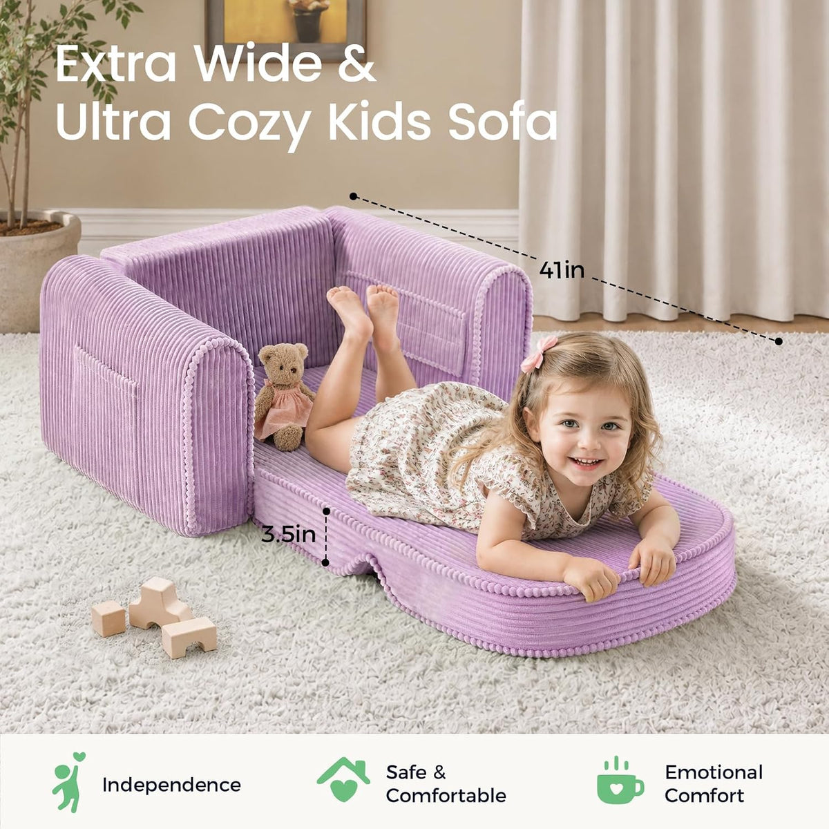 Tiny Land 2-in-1 Foldable Kids Couch, Thick Foam Corduroy Sofa with Pocket