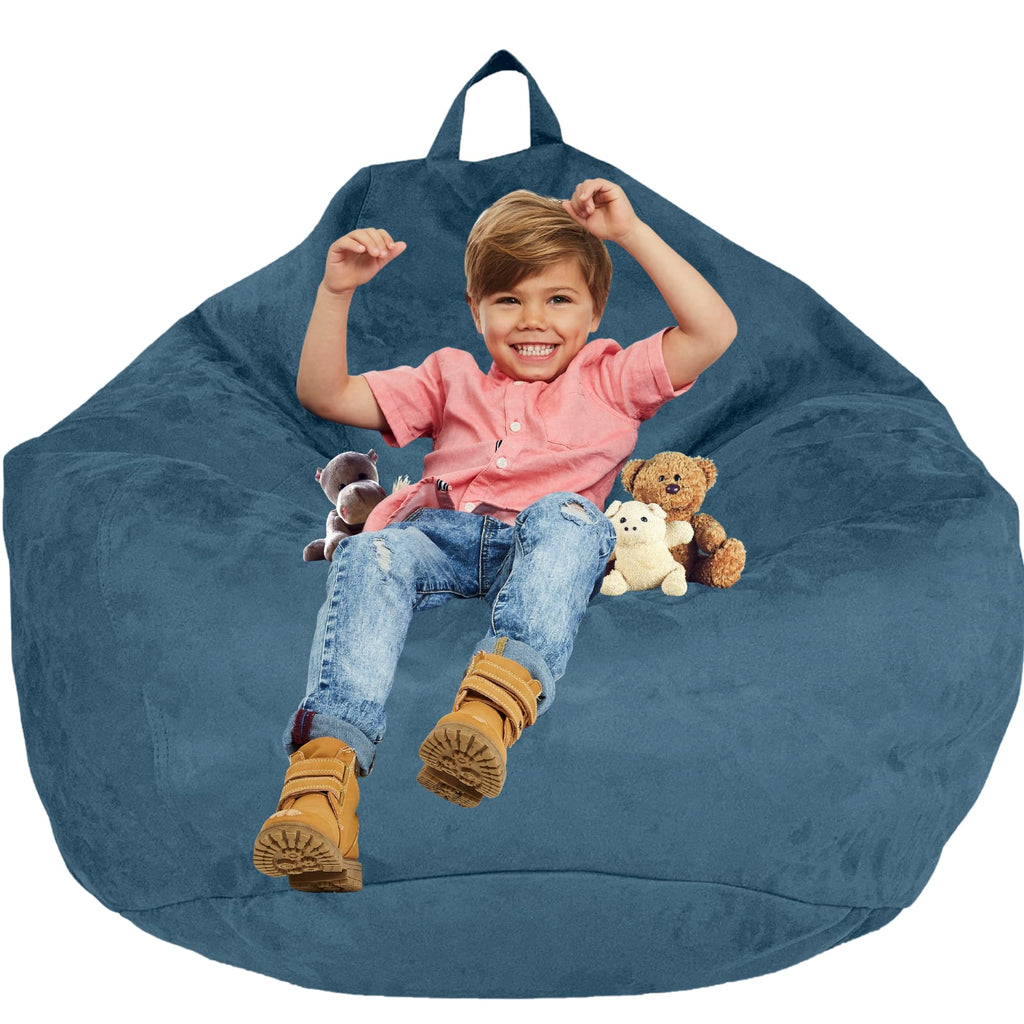 Bean Bag Stuffed Animal Storage Chair Cover (No Filler) for Kids and Adults. Extra Large Bird's Nest Beanbag Memory Foam Soft Premium (Navy Blue, 3 ft (Cover Only))