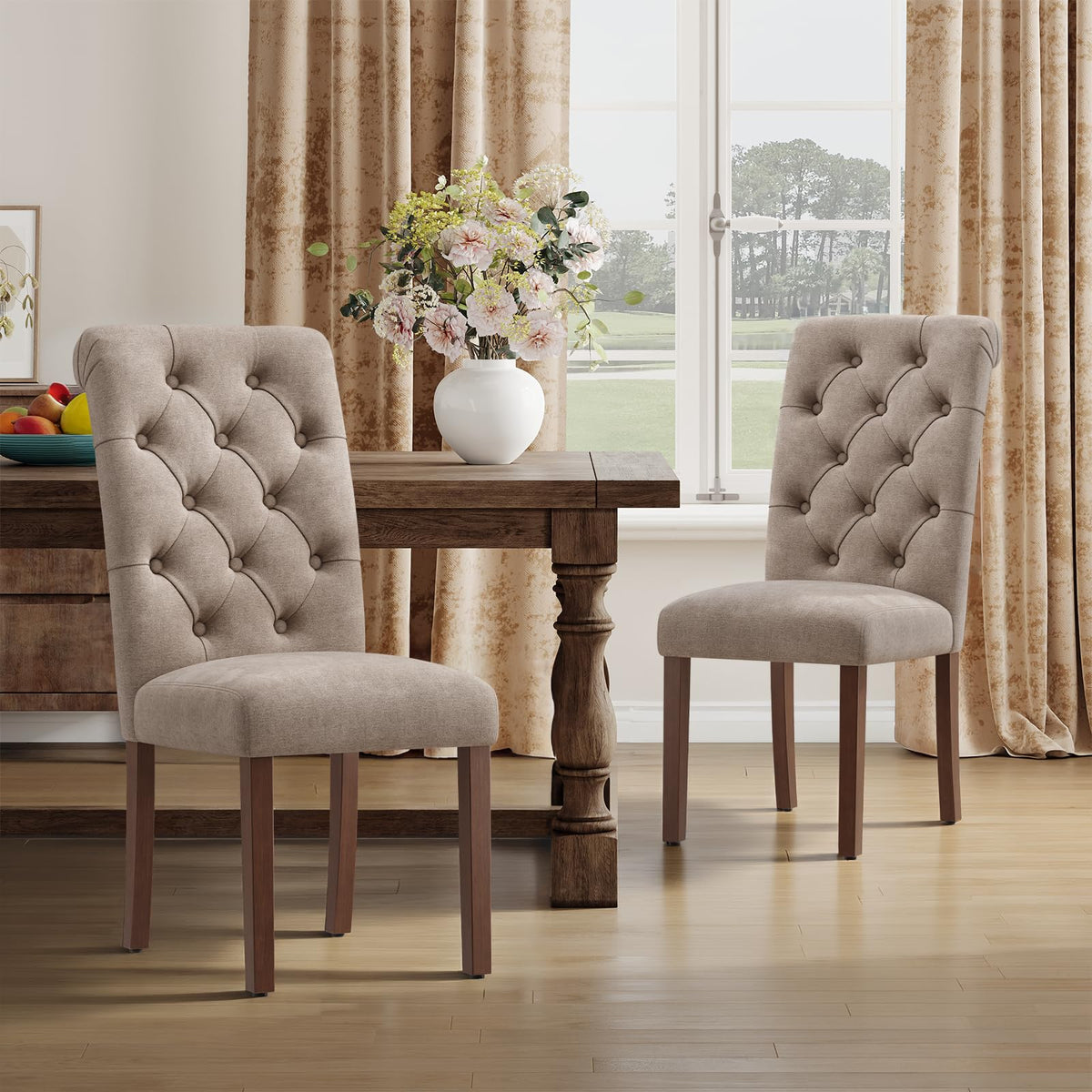MALOL Upholstered Tufted Dining Room Chairs Set of 4, Parsons Kitchen Chairs with Padded Seat and Solid Wood Legs, Fabric Accent Side Diner Chair for Dining Room/Kitchen/Living Room, Beige