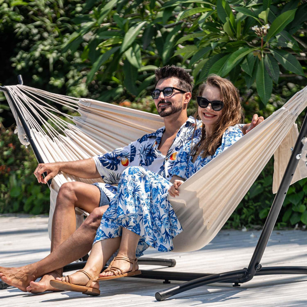 Lazy Daze Portable Hammock with Stand, Free Standing Hammocks for Indoor Outdoor Patio Yard, Has a Carrying Bag and Pillow, 9ft Steel Hamacas Heavy Duty 2 Person Amaca 450 lbs Capacity(White)