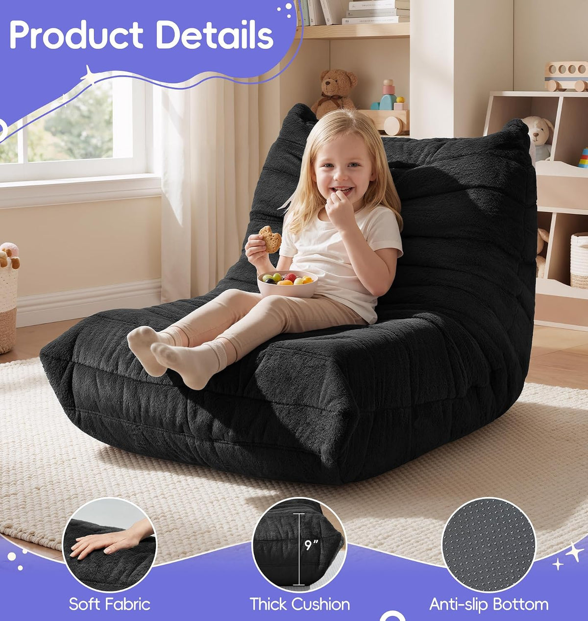 Hobestluk Kids Bean Bag Chair Fluffy Black Small Beanbag Couch