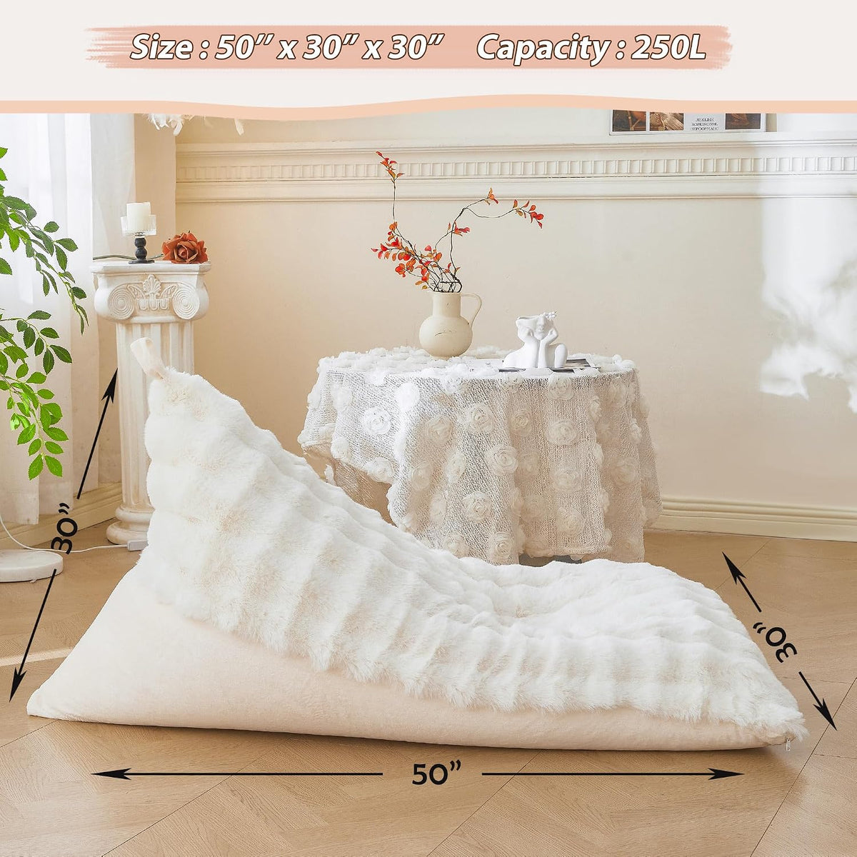 LIFEREVO Faux Rabbit Fur Stuffed Animal Bean Bag Storage (No Filler), Soft Waffle Bubble Beanbag Chair Cover for Kids Girls, Furry Floor Lounger Plush Toys Organizer for Living Room Bedroom, Beige