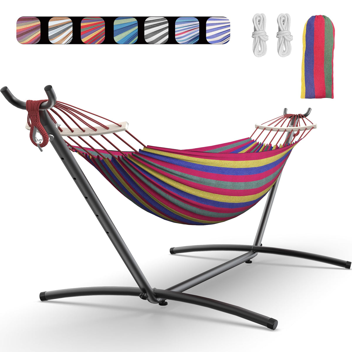 Everyfun Double Hammock with Stand for 2 Person, 600 lb Capacity, Rainbow