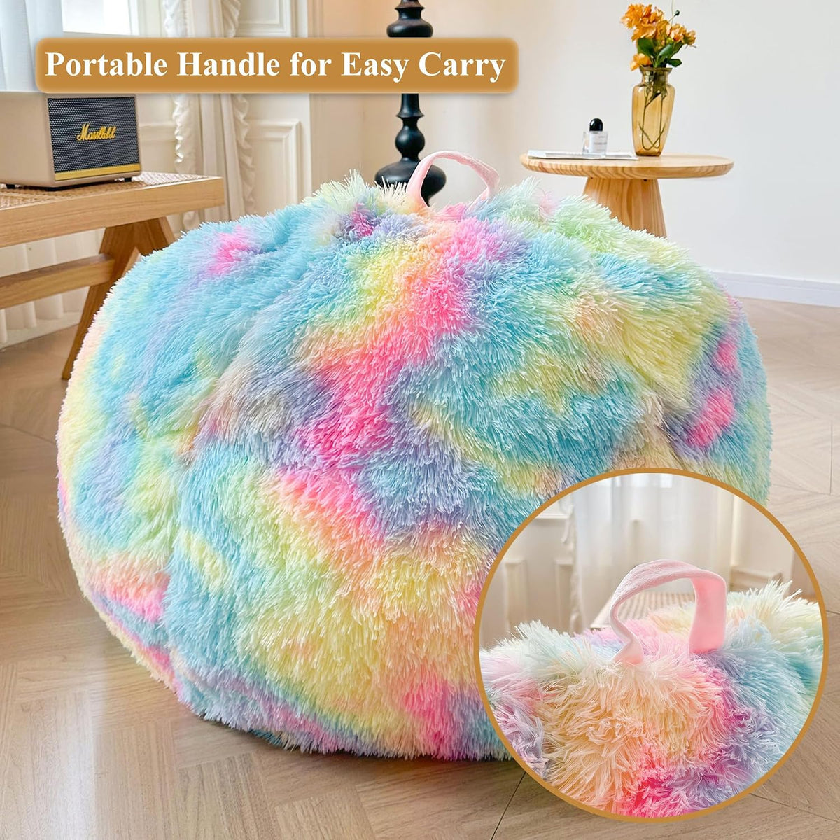 XeGe Kids Fluffy Faux Fur Bean Bag Chair Cover(No Filler), Rainbow