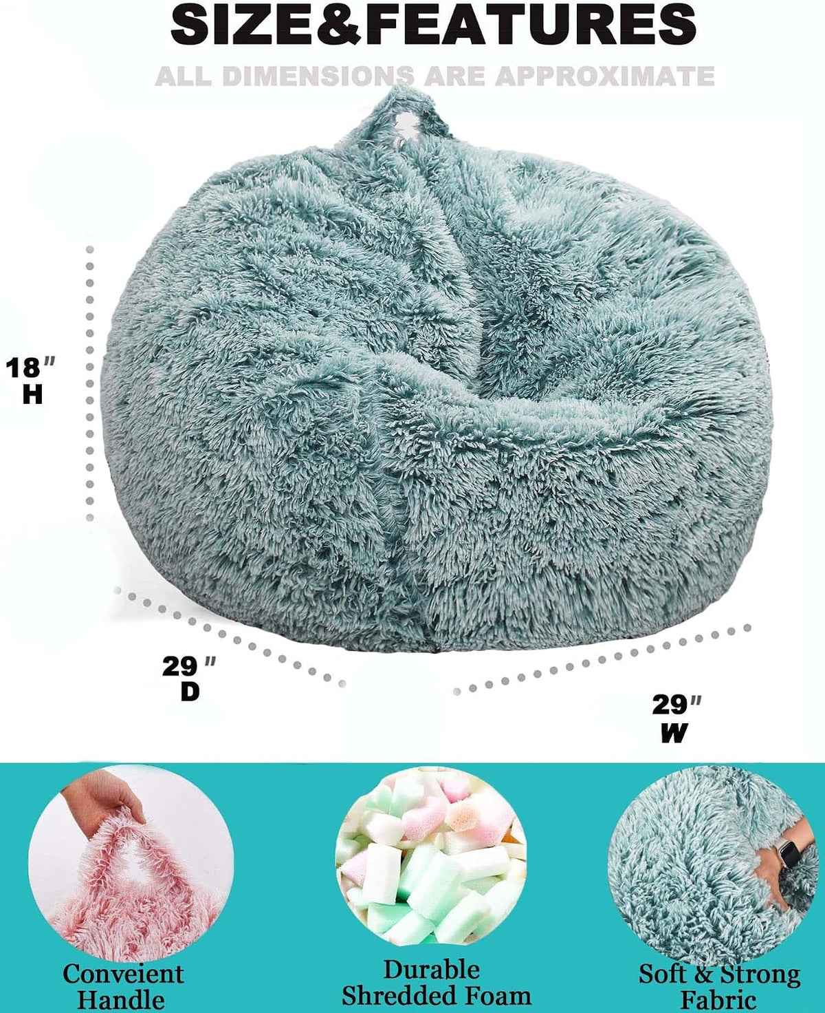 Fluffy Bean Bag Chair for Kids, 2.5FT Round Memory Foam Filled Bean Bag for Teens & Kids, Ultra Soft Faux Fur Fabric Bean Bag Chairs for Playroom, Living Room, Bedroom, Dark Green