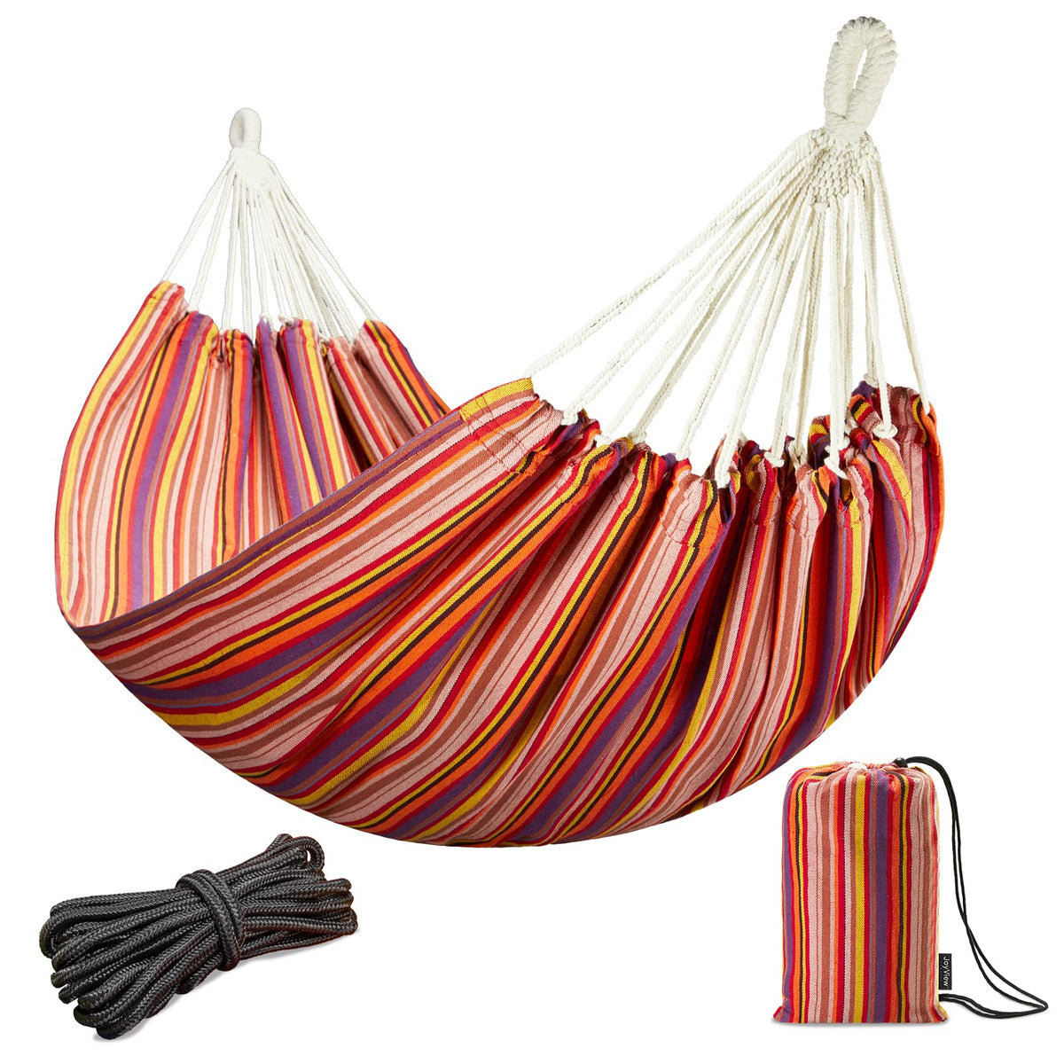 JoyView Brazilian Double Hammock with Hanging Ropes Extra Large 86.6x59” Portable Cotton Hammock for Patio Backyard Porch 450LBS Weight Capacity Perfect for Outdoor/Indoor - Color Stripes