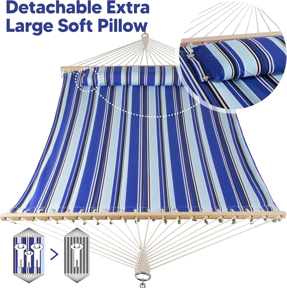 SUNCREAT Hammocks Quilted Fabric Hammock, Max 475lbs Capacity, Blue Stripes