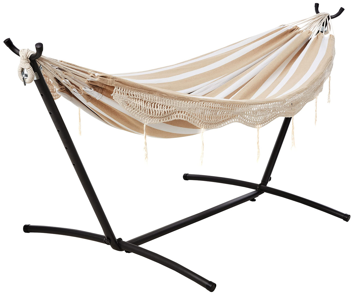 Amazon Basics Double Hammock with 9-Foot Space Saving Steel Stand and Carrying Case, 2 Person, 450 lb Capacity, Sunset Orange Stripe, 110" x 47" x 43", Outdoor