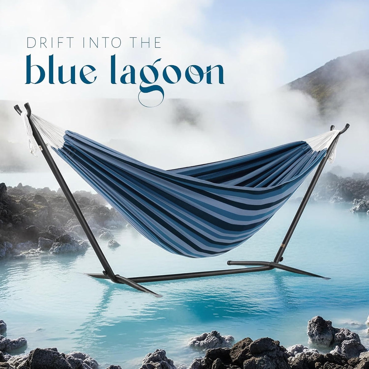 Vivere Double Cotton Hammock, Space Saving Steel Stand, Blue Lagoon, 9 Ft
