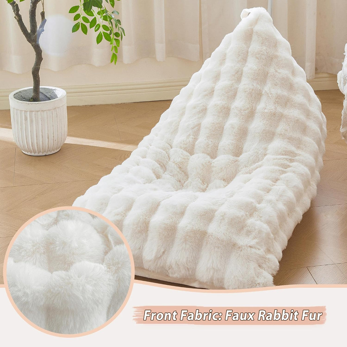 LIFEREVO Faux Rabbit Fur Stuffed Animal Bean Bag Storage (No Filler), Soft Waffle Bubble Beanbag Chair Cover for Kids Girls, Furry Floor Lounger Plush Toys Organizer for Living Room Bedroom, Beige