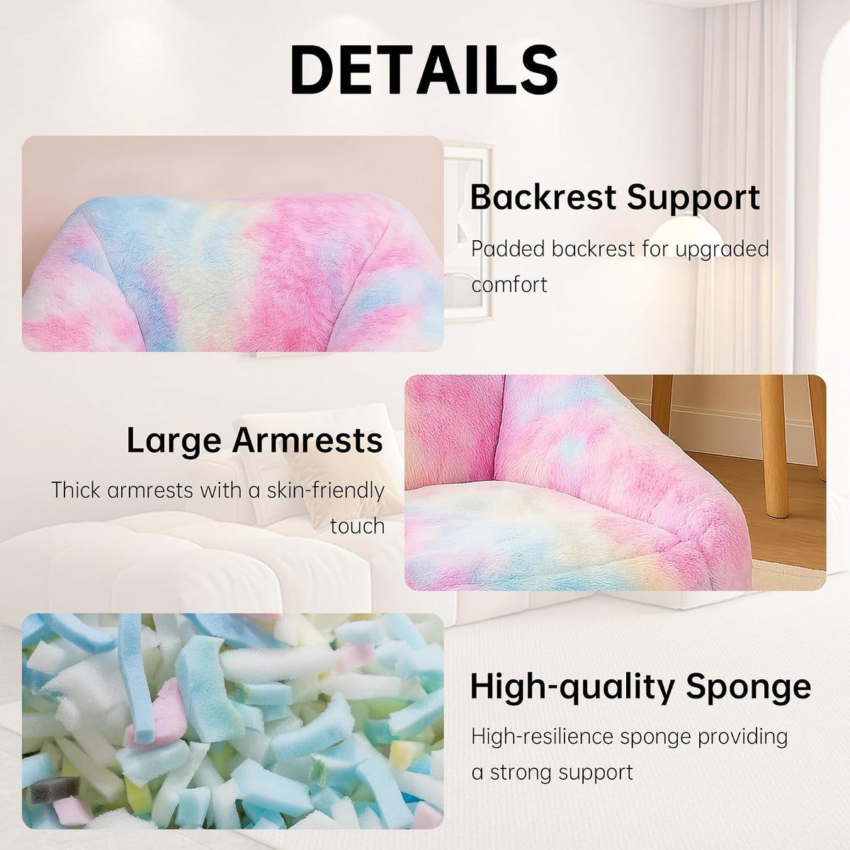 27 Inch Soft Faux Fur Bean Bag Chair with Sponge Filling - Ergonomic Lounge Chair for Teens, Comfortable Rainbow Color Bean Bag for Bedroom, Living Room, Dorm(Set of 1)