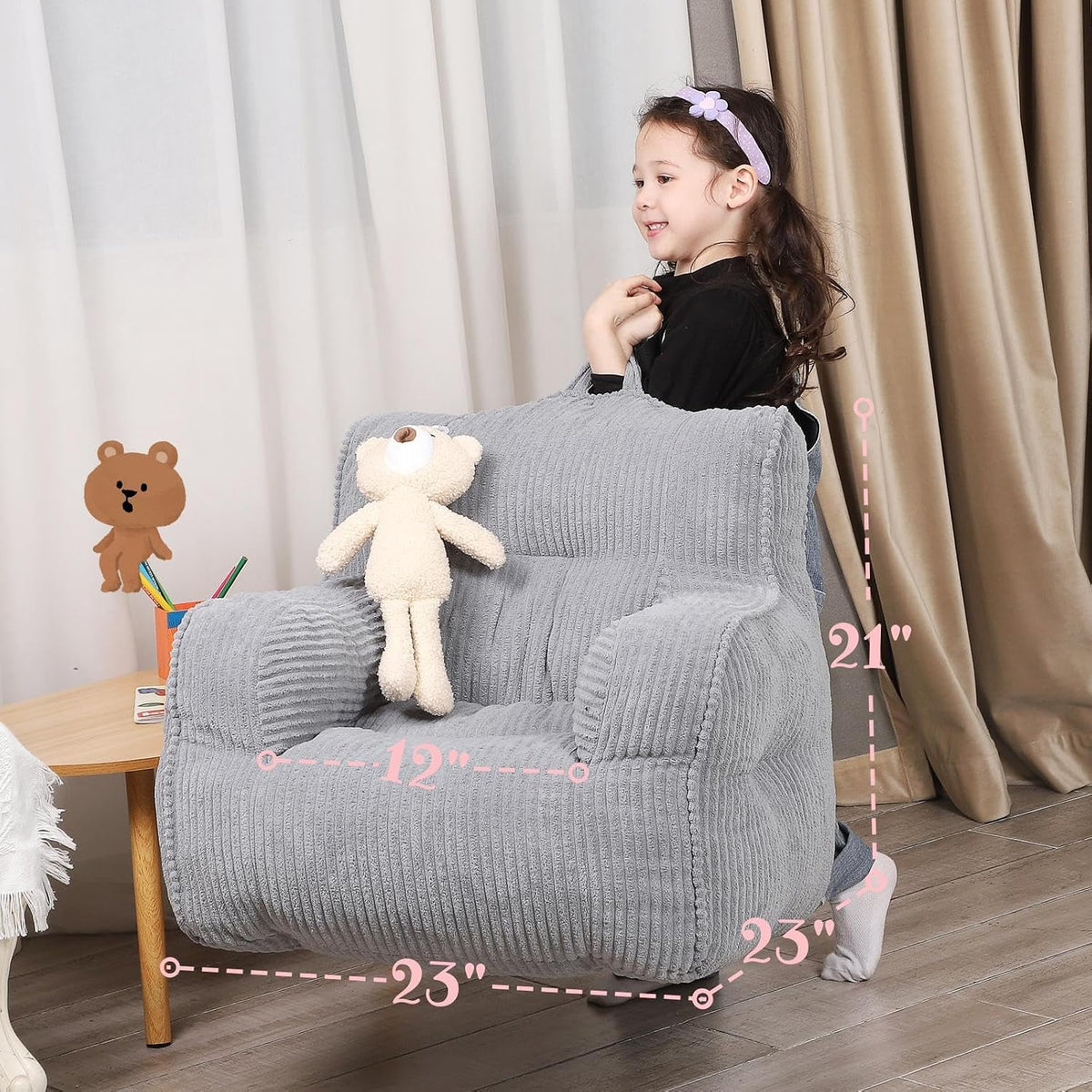 MOMCAYWEX Kids Bean Bag Chair with a Plush Bear, Comfy Toddler Chair for Boys and Girls, Grey