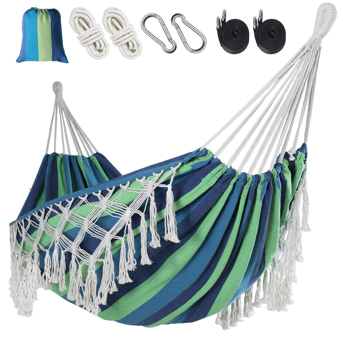Bellzacasa Double Hammock, Heavy Duty 500 lb Load Capacity Tassels and Fishtail Knitting Portable Camping Hammocks with Mounting Straps for Outdoor Camping Patio Balcony Beige