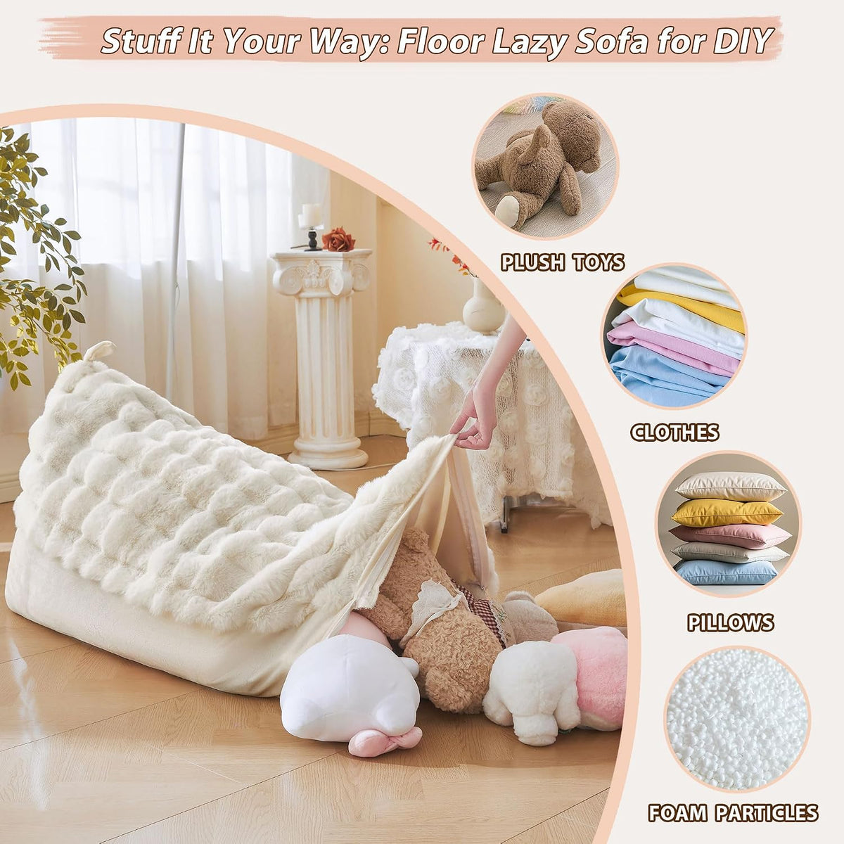 LIFEREVO Faux Rabbit Fur Stuffed Animal Bean Bag Storage (No Filler), Soft Waffle Bubble Beanbag Chair Cover for Kids Girls, Furry Floor Lounger Plush Toys Organizer for Living Room Bedroom, Beige