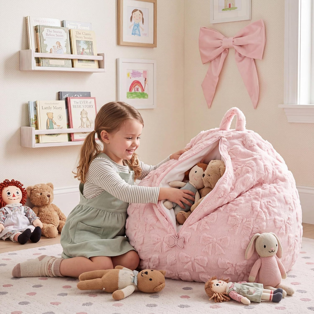 Gilprop Pink Bow Bean Bag Chair 2.6ft Stuffed Animal Storage Chair Cover