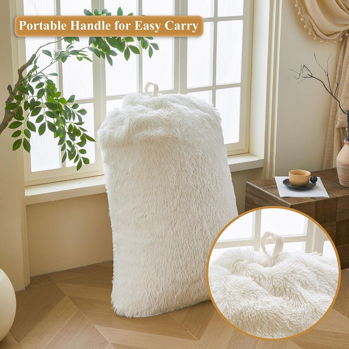 XeGe Fluffy Kids Stuffed Animal Storage Bean Bag Cover (No Filler), Plush Fuzzy Faux Fur Beanbag Organizer with Handle for Teens Girls Adults, Shaggy Furry Plush Toys Holder Floor Lounger Chair, Beige
