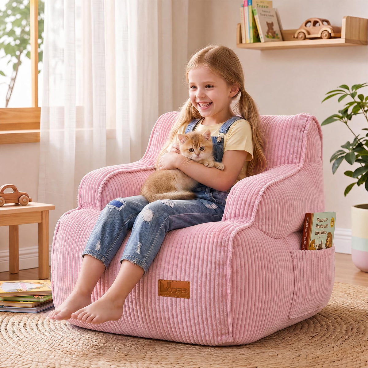 Bean Bag Chairs for Kids, Kids Bean Bag with Side Pocket-BurntOrange