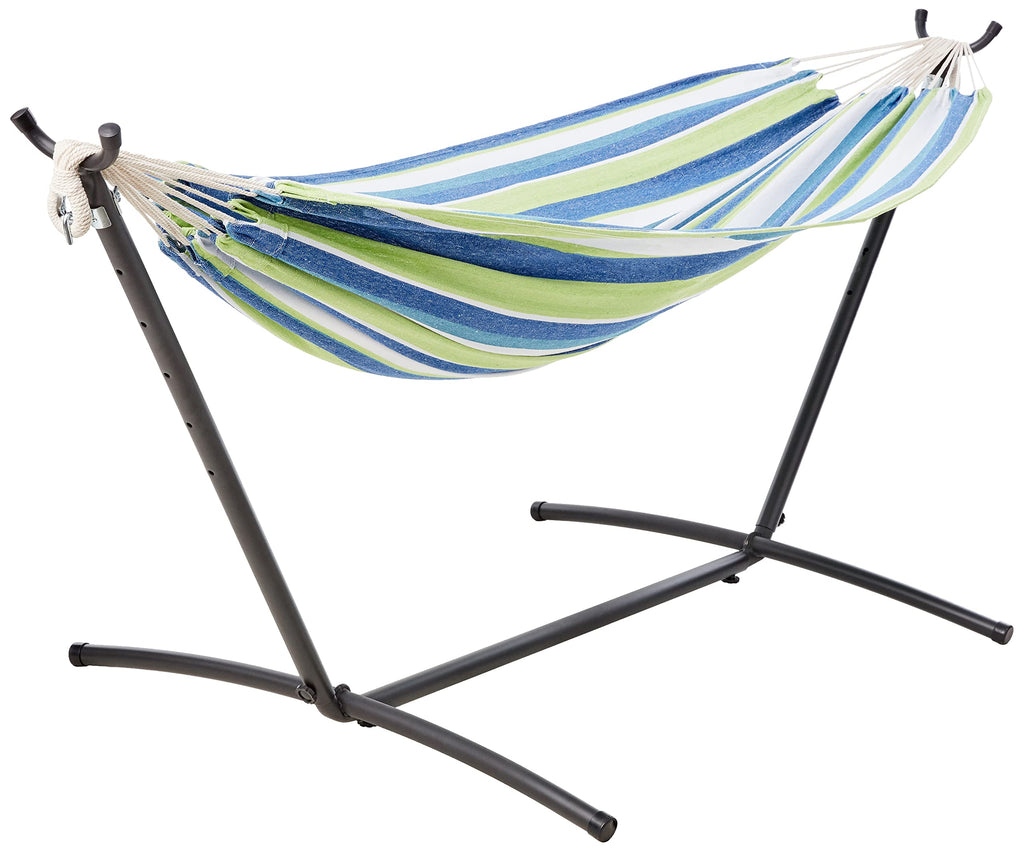 Amazon Basics Double Hammock with 9-Foot Space Saving Steel Stand and Carrying Case, 2 Person, 450 lb Capacity, Sunset Orange Stripe, 110" x 47" x 43", Outdoor