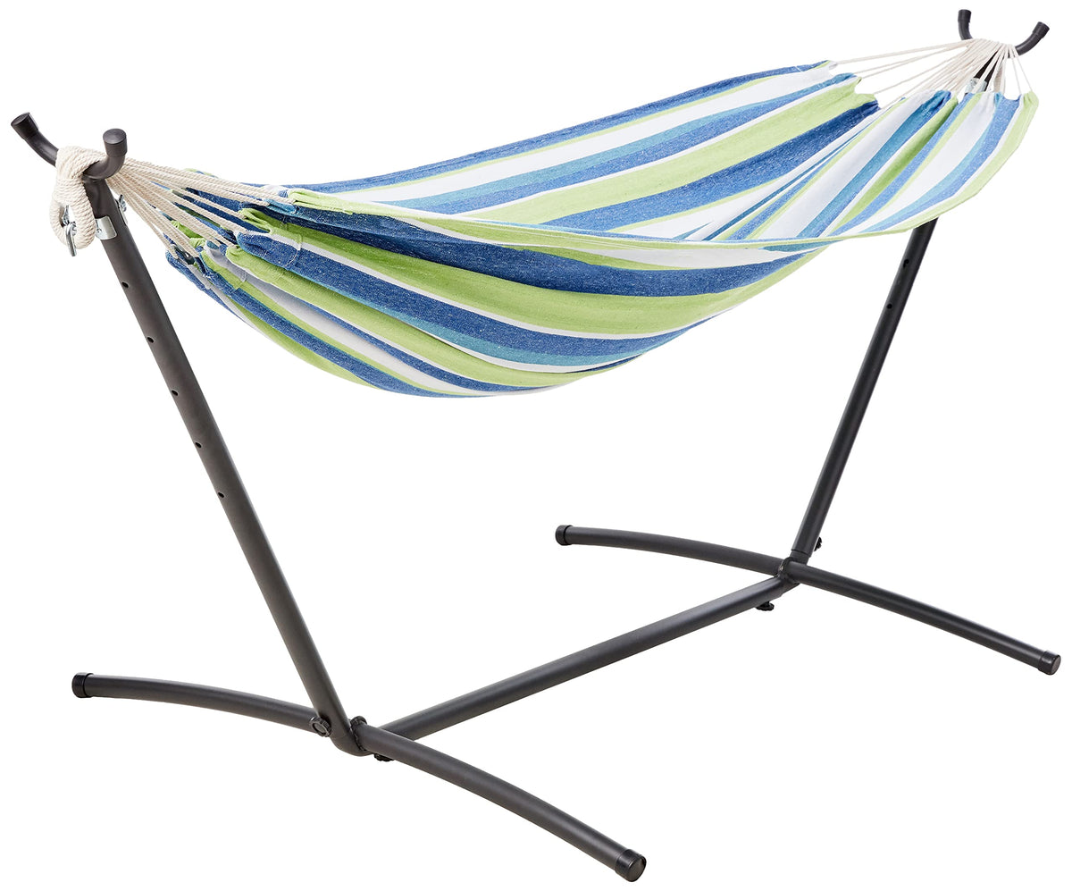 Amazon Basics Double Hammock with 9-Foot Space Saving Steel Stand and Carrying Case, 2 Person, 450 lb Capacity, Sunset Orange Stripe, 110" x 47" x 43", Outdoor