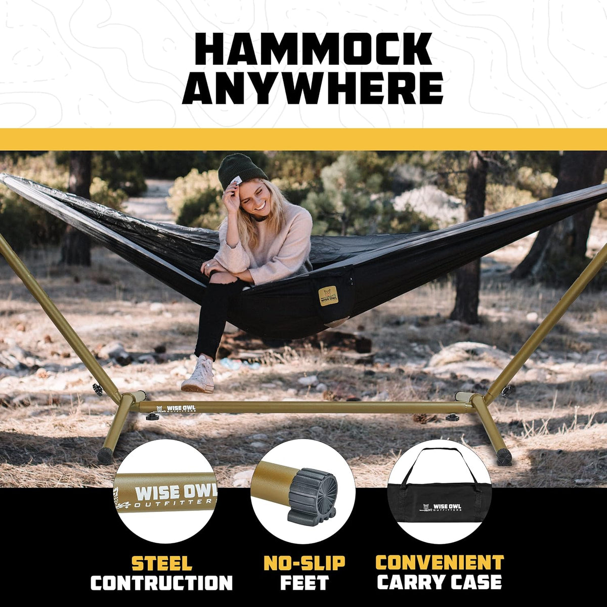 Wise Owl Outfitters Adjustable Portable Hammock Stand, 440lb Capacity