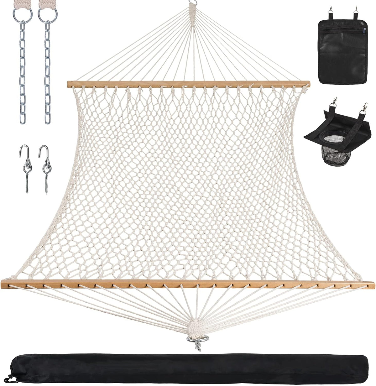 ANOW Double Rope Hammock with Spreader Bars and Carrying Bag, Natural