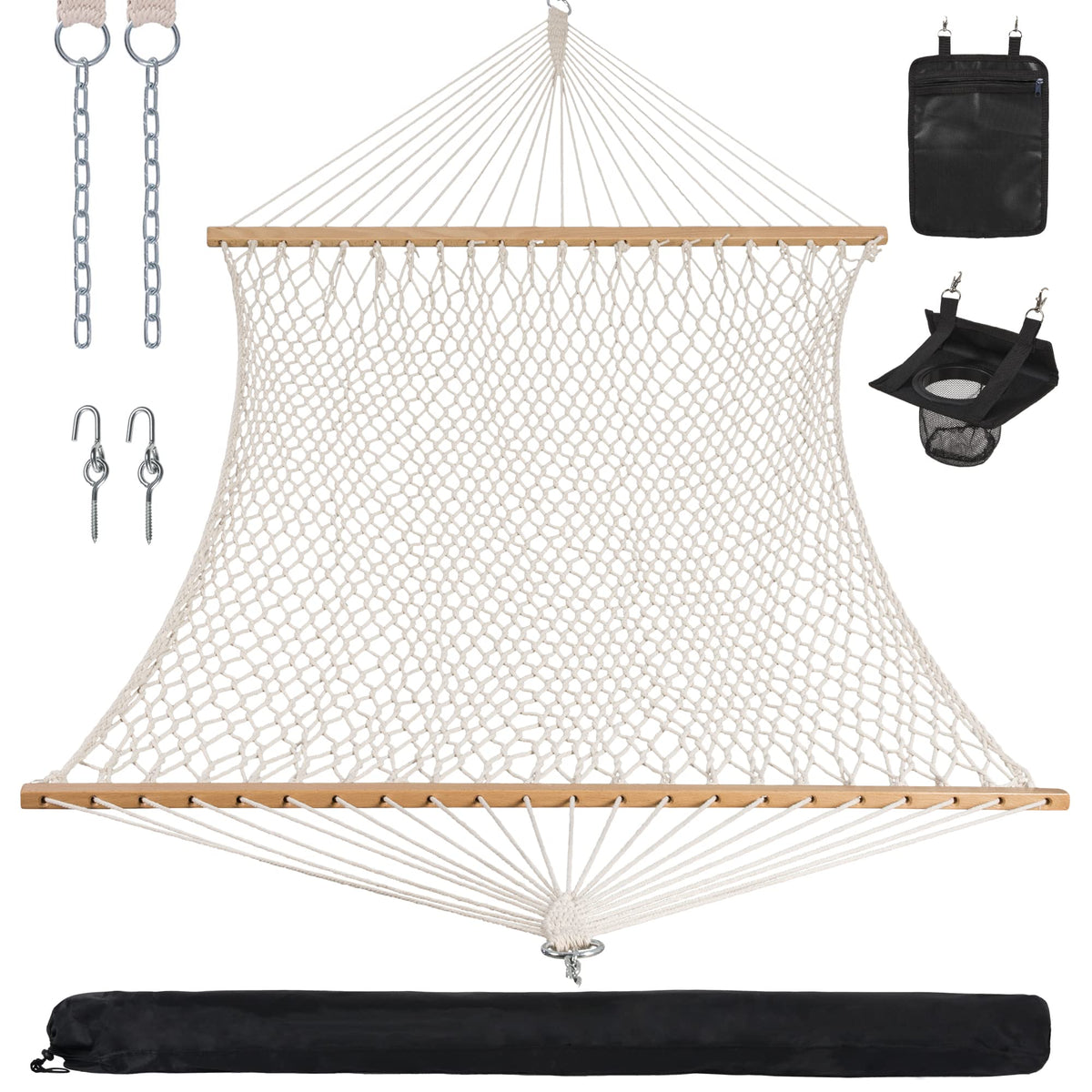 ANOW Double Rope Hammock with Spreader Bars and Carrying Bag, Natural