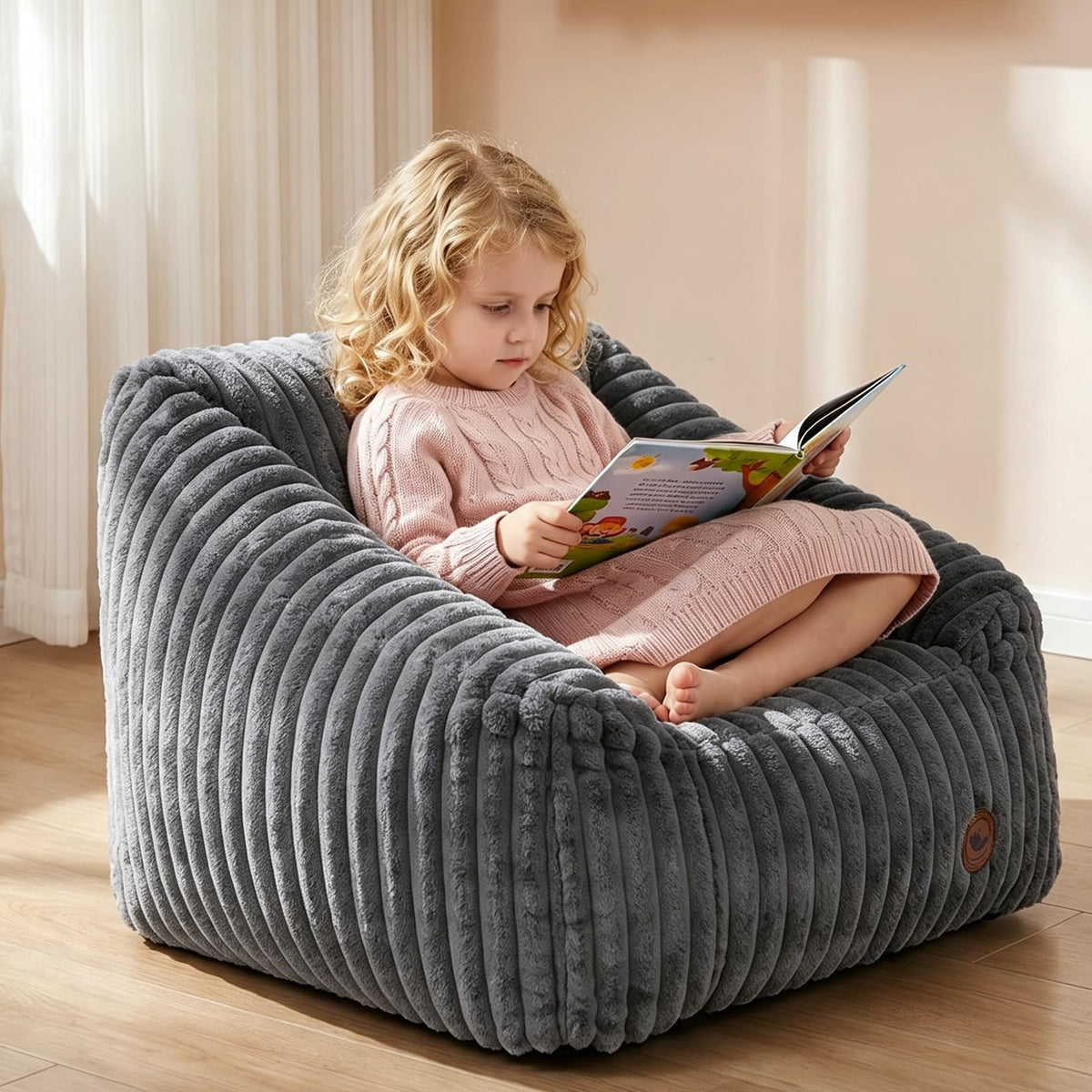 Small Bean Bag Chair for Kids&Teens,Memory Foam Filled Girls Bean Bags with Pink Stripe Plush Bean Bag Washable Cover for Reading Gaming Bedroom Living Room Playroom