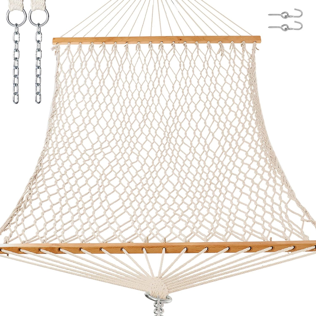 GAFETE Single Rope Hammocks for Outside, Traditional Hand Woven Cotton Hammock with Hardwood Spreader Bar, Max 450 lbs Capacity (Natural Beige, Small)