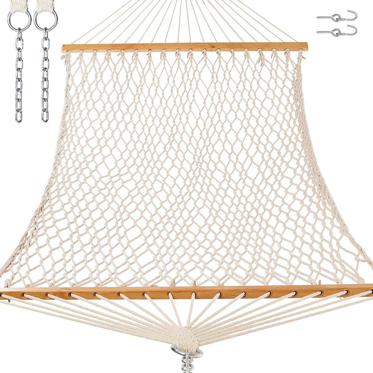 GAFETE Single Rope Hammocks for Outside, Traditional Hand Woven Cotton Hammock with Hardwood Spreader Bar, Max 450 lbs Capacity (Natural Beige, Small)