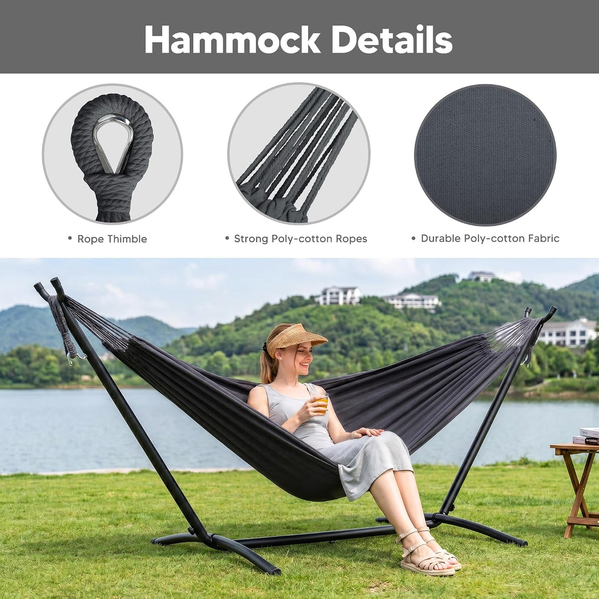 SUNCREAT Stand Alone Hammock with Stand for Outside 2 Person, Dark Gray