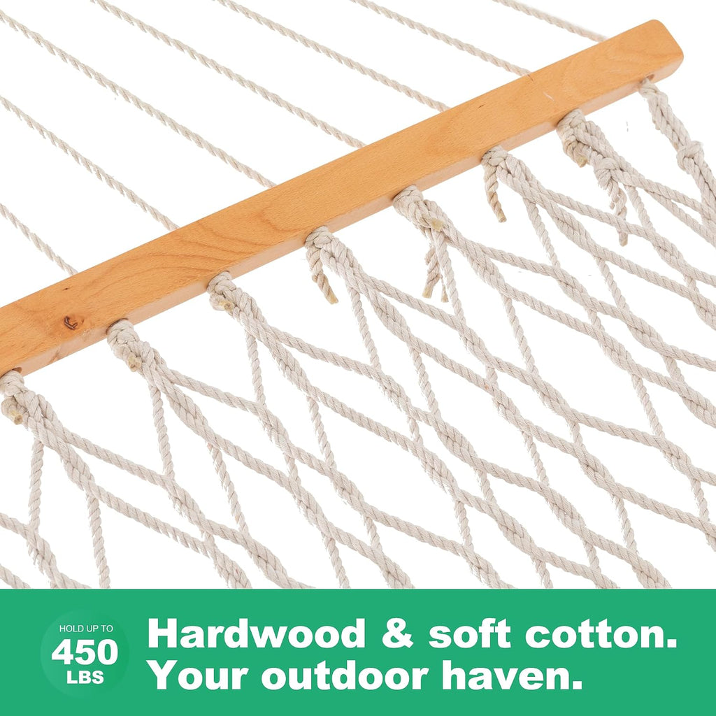 GAFETE Single Rope Hammocks for Outside, Traditional Hand Woven Cotton Hammock with Hardwood Spreader Bar, Max 450 lbs Capacity (Natural Beige, Small)