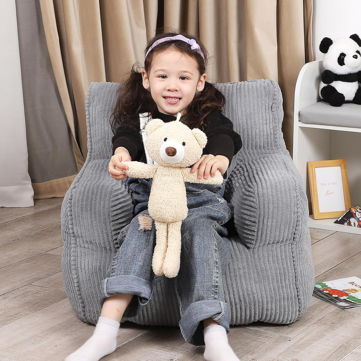 MOMCAYWEX Kids Bean Bag Chair with a Plush Bear, Comfy Toddler Chair for Boys and Girls, Grey
