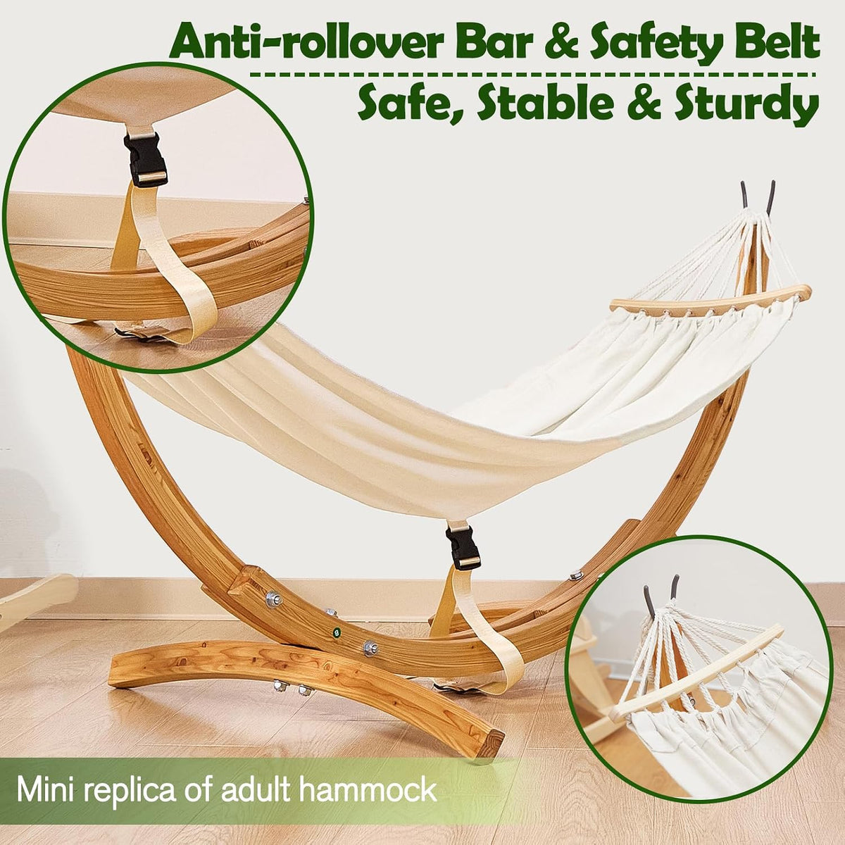 FUNLIO Wooden Hammock with Stand for Kids 3-5 Years (Height < 3.9ft/120cm), Premium Solid Wood Kids Hammock Chair Stand, Stable Structure, Wider & Longer Children Hammock, 220lbs Capacity