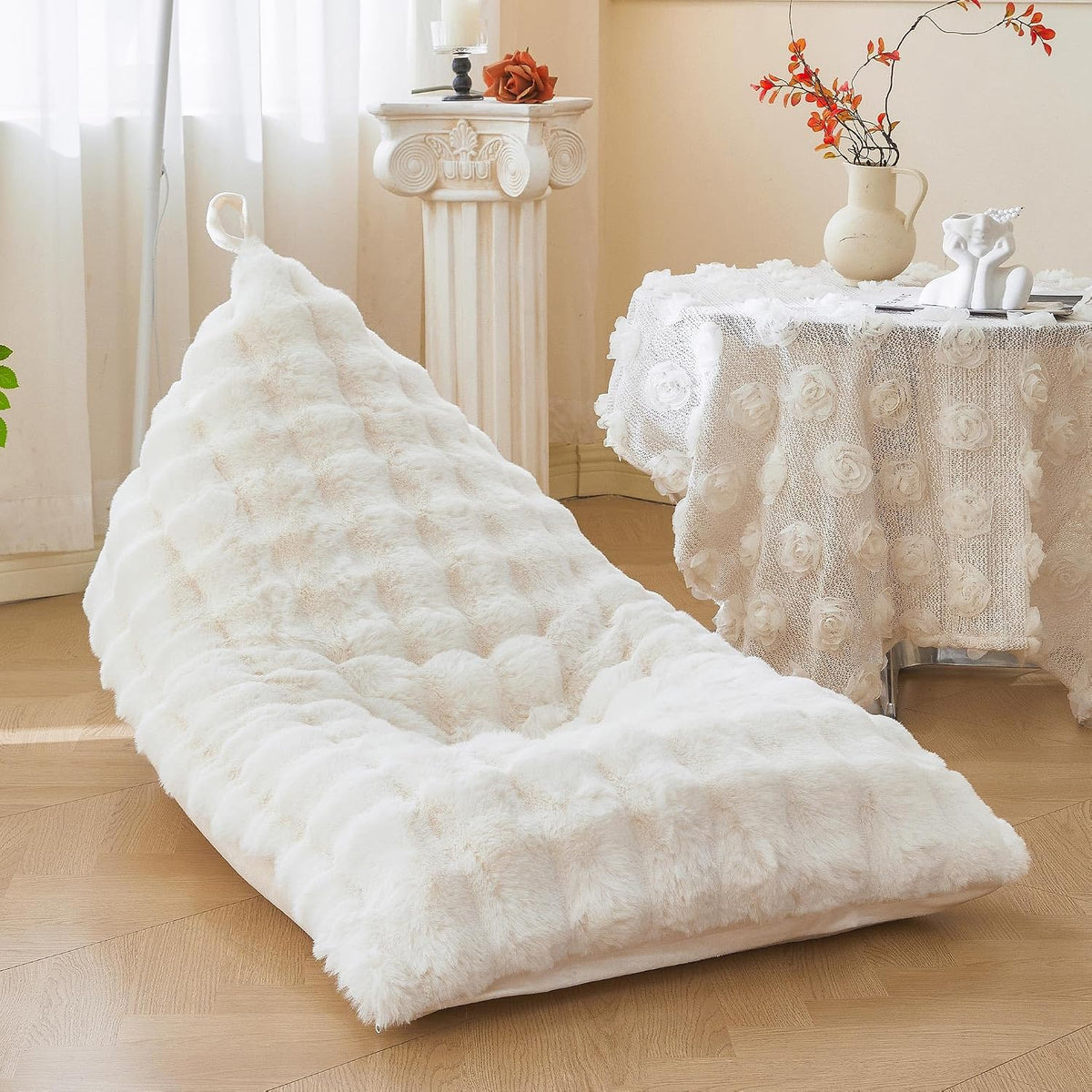 LIFEREVO Faux Rabbit Fur Stuffed Animal Bean Bag Storage (No Filler), Soft Waffle Bubble Beanbag Chair Cover for Kids Girls, Furry Floor Lounger Plush Toys Organizer for Living Room Bedroom, Beige