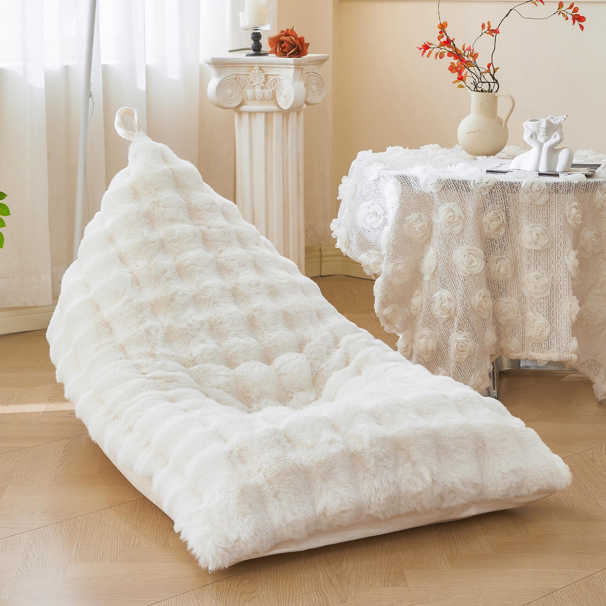 LIFEREVO Faux Rabbit Fur Stuffed Animal Bean Bag Storage (No Filler), Soft Waffle Bubble Beanbag Chair Cover for Kids Girls, Furry Floor Lounger Plush Toys Organizer for Living Room Bedroom, Beige