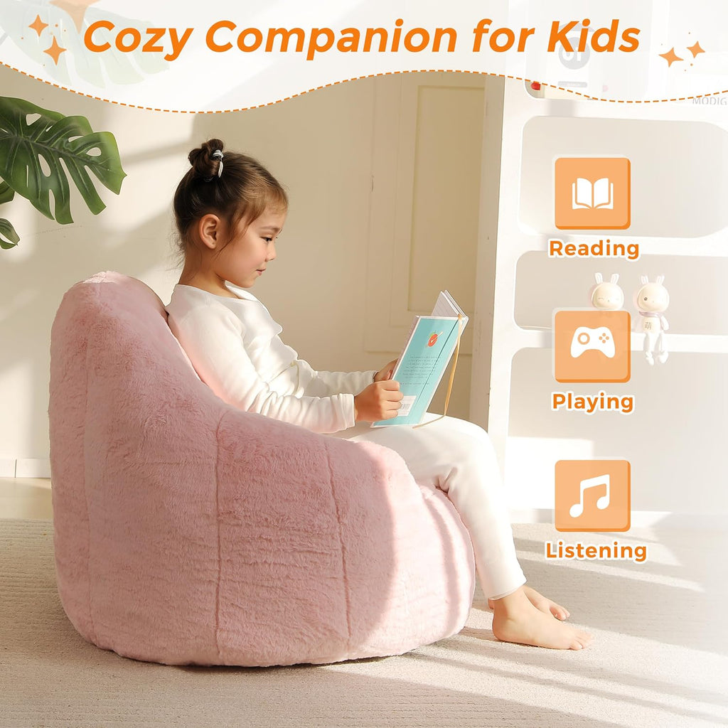 MAXYOYO Kids Bean Bag Chair, Comfy Bean Bag Sofa with Back Support, Faux Fur Cute Chair for Boys and Girls, Stuffed Floor Sofa for Nursery, Bedroom, Pink