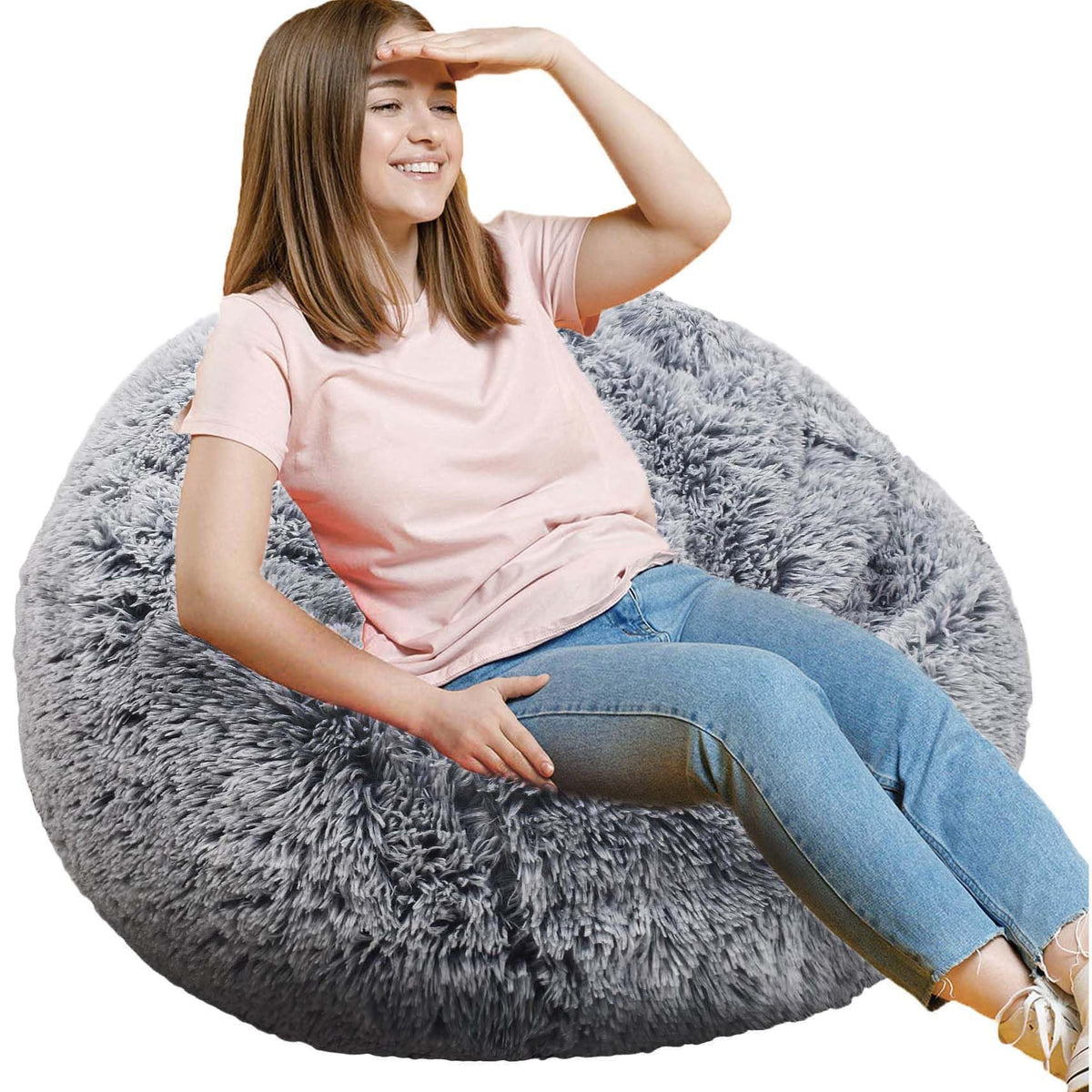 Fluffy Bean Bag Chair for Kids, 2.5FT Round Memory Foam Filled Bean Bag for Teens & Kids, Ultra Soft Faux Fur Fabric Bean Bag Chairs for Playroom, Living Room, Bedroom, Dark Green
