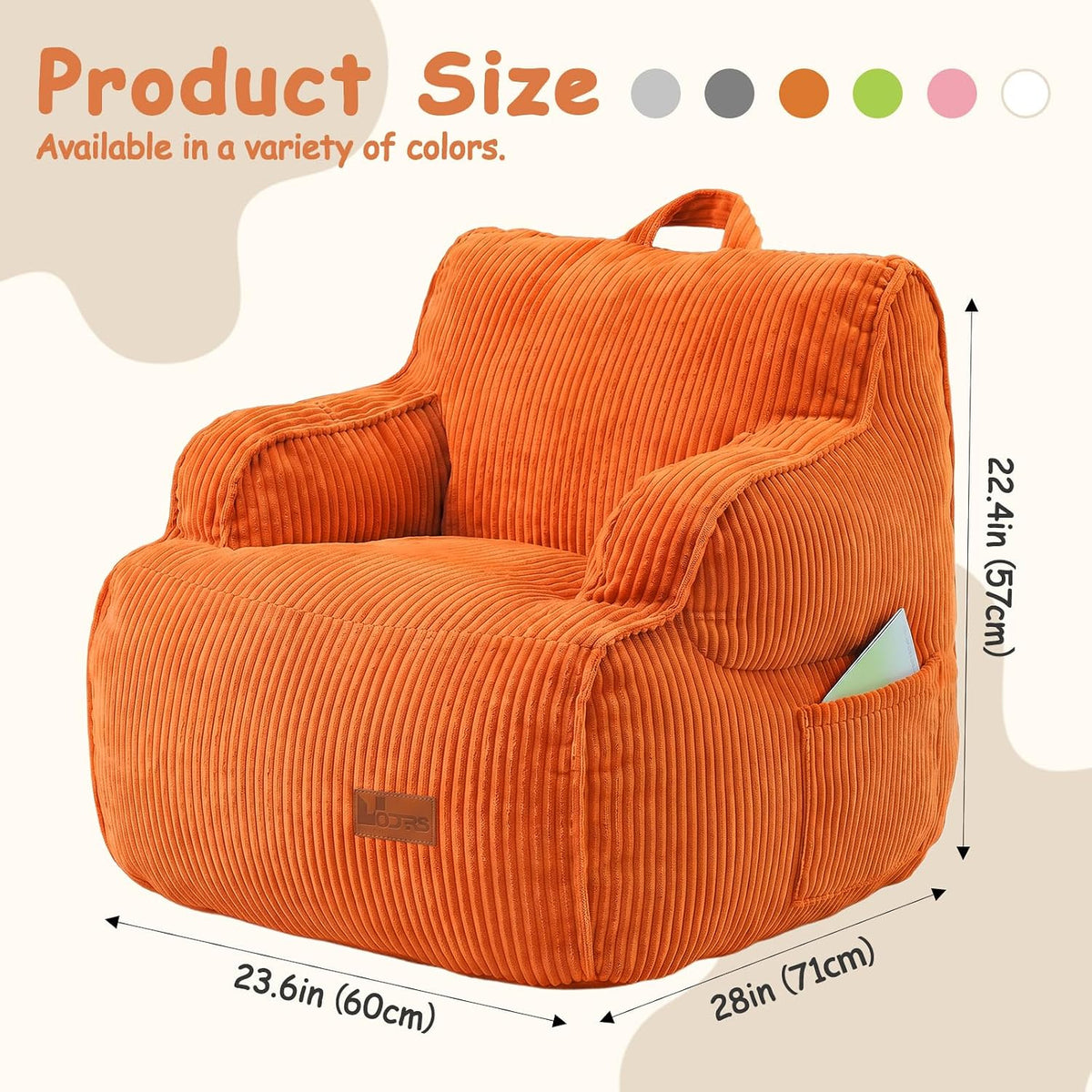 Bean Bag Chairs for Kids, Kids Bean Bag with Side Pocket-BurntOrange