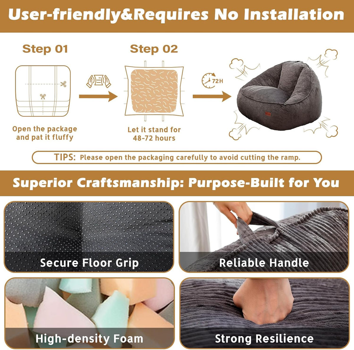 Bean Bag Chair, Cozy Fluffy Beanbag Chairs with Filler for Teens and Kids, Floor Lazy Sofa for Living Room Gaming & Reading (S-Darkgrey)