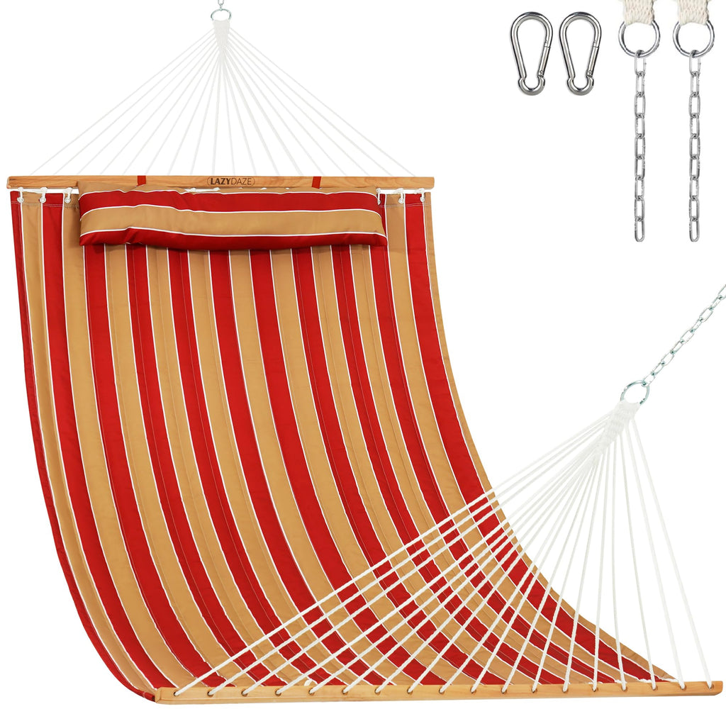 Lazy Daze Double Quilted Hammock with Pillow and Carabiners, Vivid Stripe